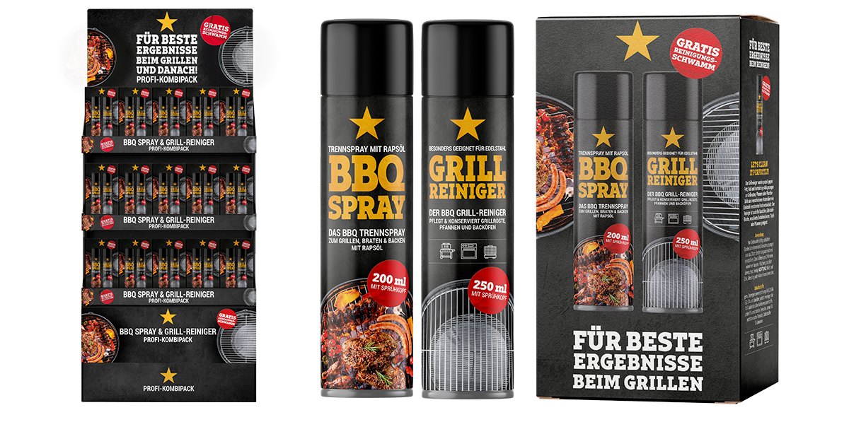 BBQ Set mit BBQ-Spray, Grillreiniger und Handels-Umverpackung des Sets!